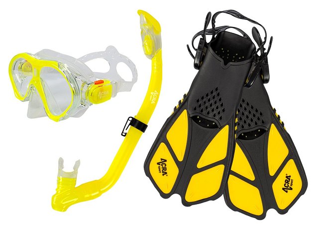 Šnorchlovací set 3 v 1, DĚTSKÝ, ŽLUTÝ, obsahuje masku, ploutve a šnorchl