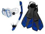 Šnorchlovací set 3 v 1, MODRÝ/TRANSPARENTNÍ, S/M, ploutve 36-41, maska, šnorchl