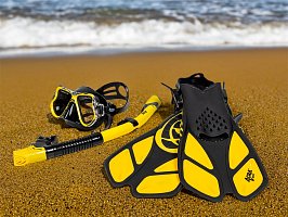 Šnorchlovací set 3 v 1, ŹLUTÝ, L/XL, ploutve 42-47, šnorchl, maska